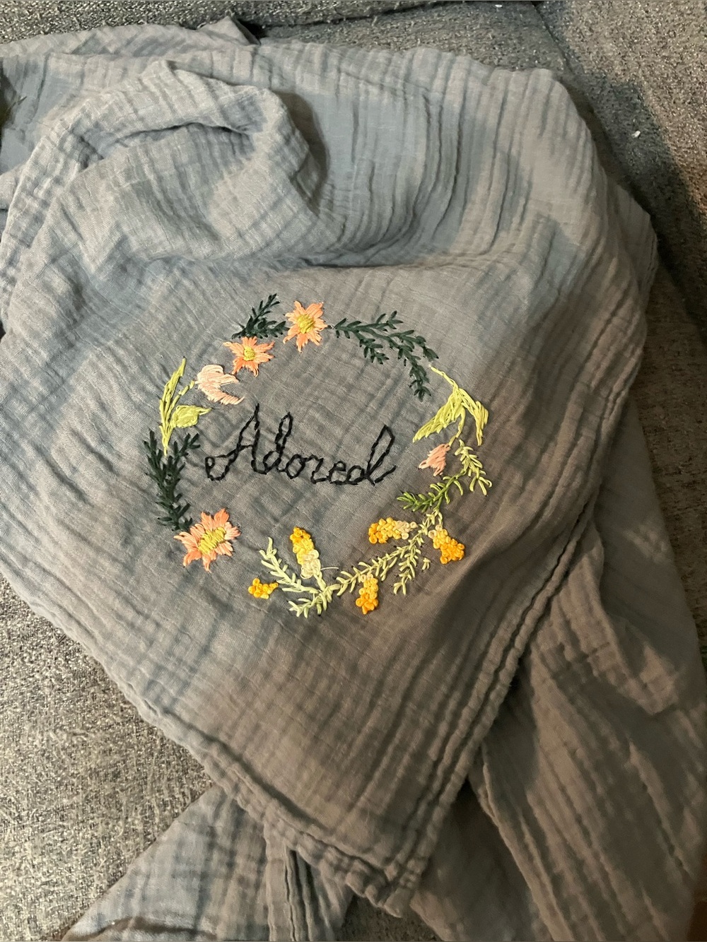 Adored Gray hand Embroidered Floral Muslin baby blanket